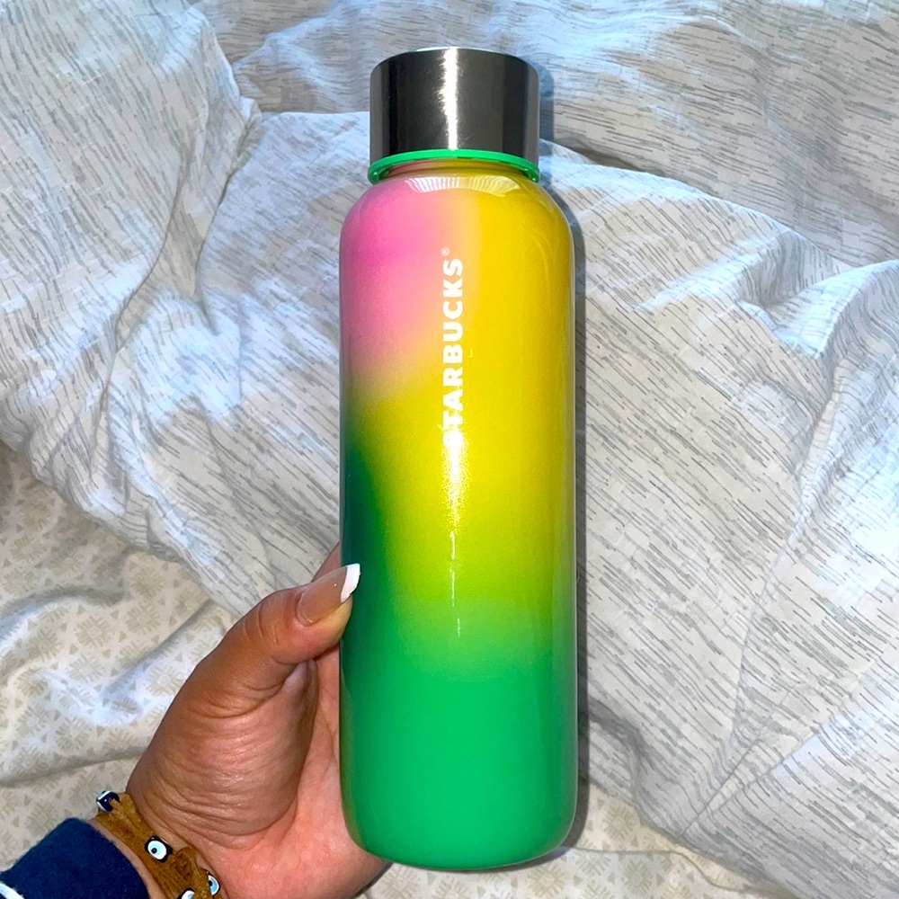 STARBUCKS Pink Yellow Green Ombré Glass Water Bottle. NEW. NEVER USED. 20 oz.